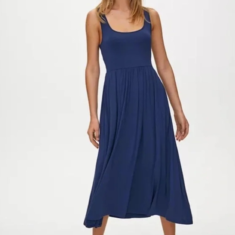 Wilfred Aritzia Women L Navy Jersey Square Neck A-Line Market Midi Tank Dress